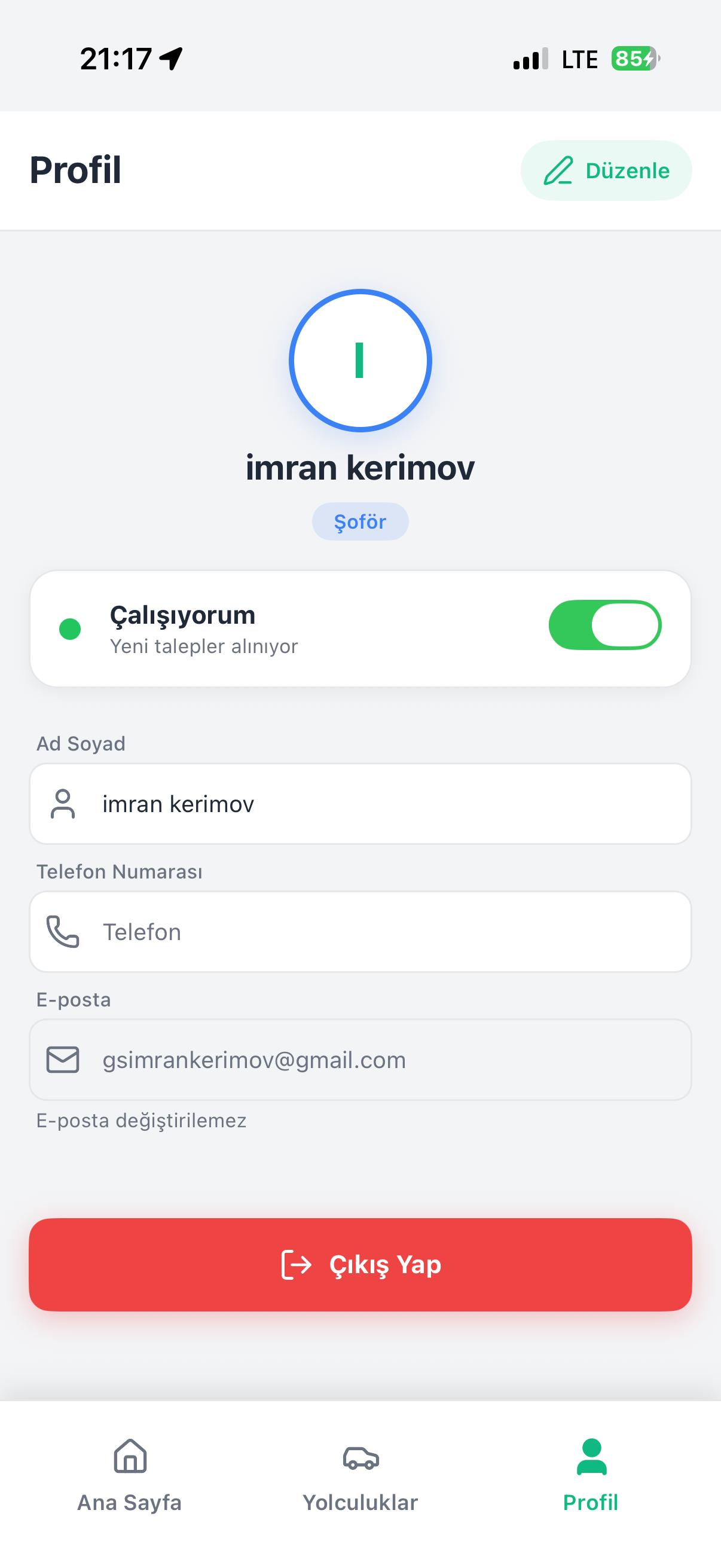 Şoför Kullanıcı Ekranı