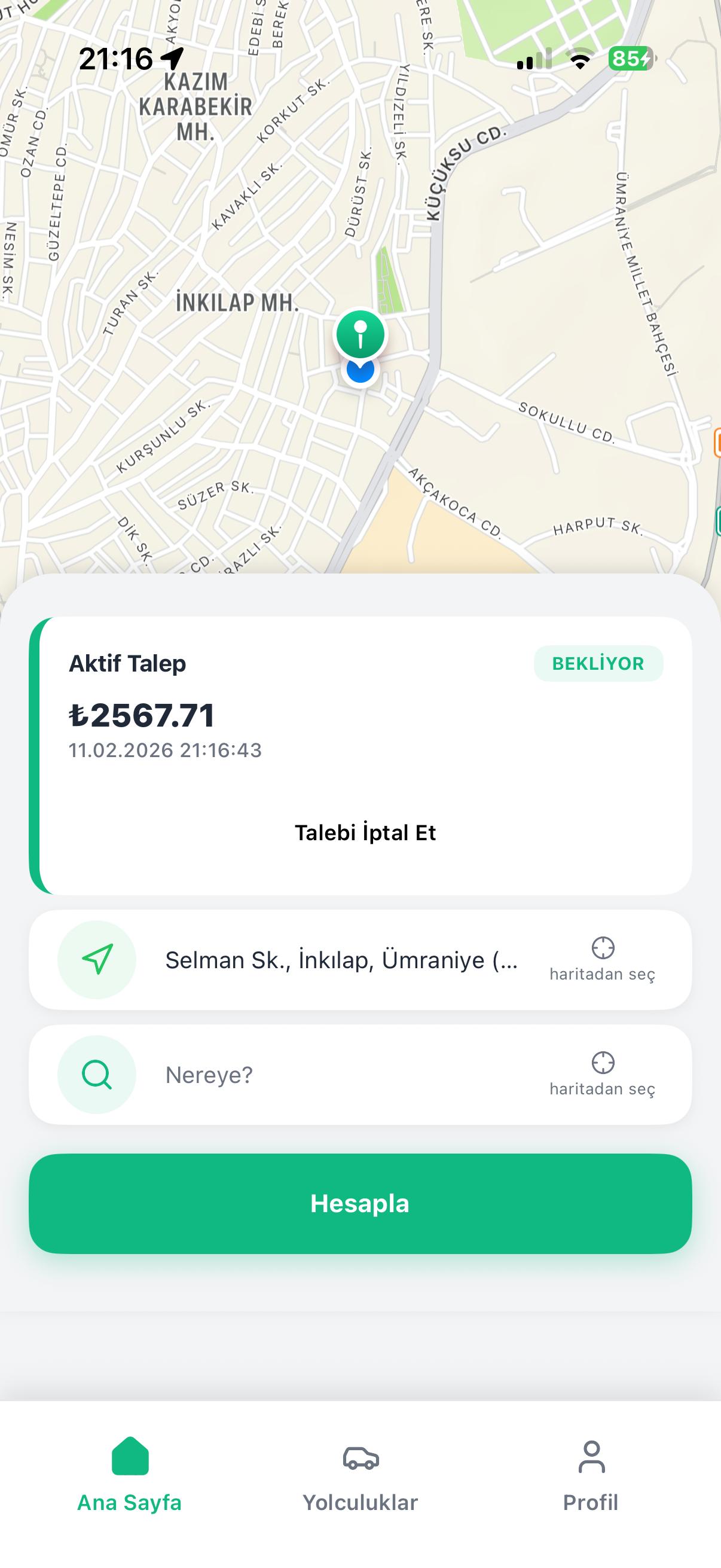 Yolculuk Talebi Ekranı