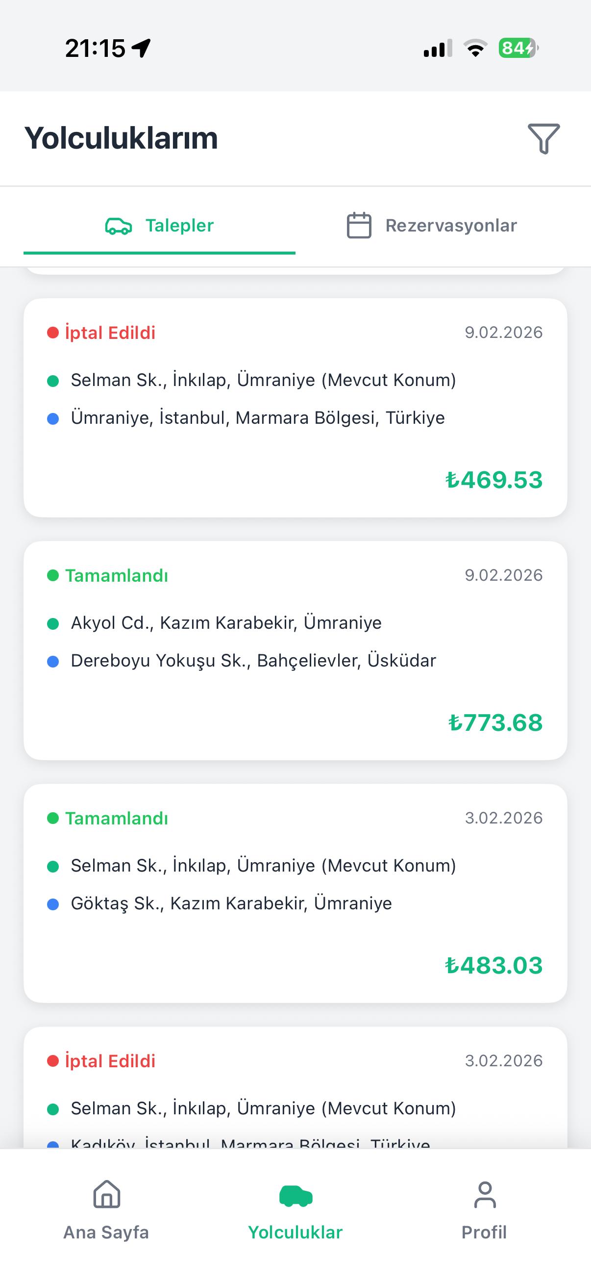 Yolculuk Geçmişi Ekranı